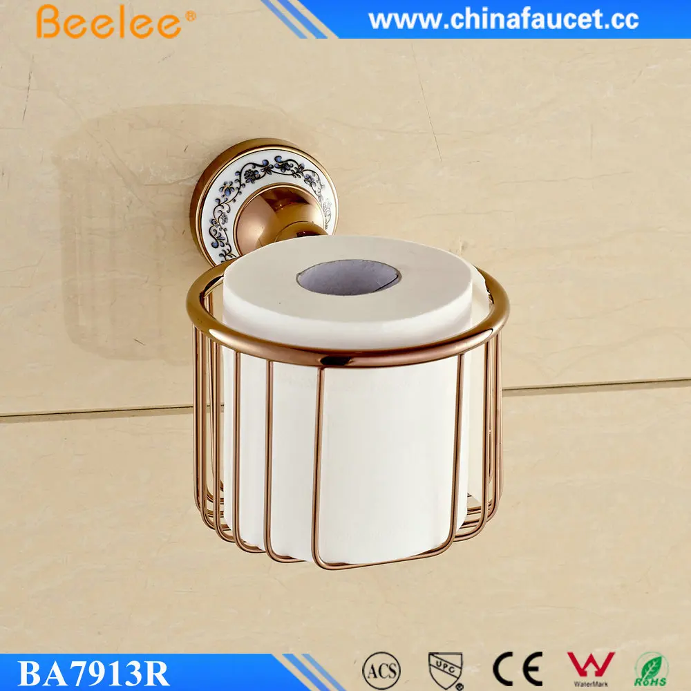 
Beelee BL7913R Solid Brass Rose Gold Toilet Paper Holder Wall Mounted Bathroom Paper Storage Basket 