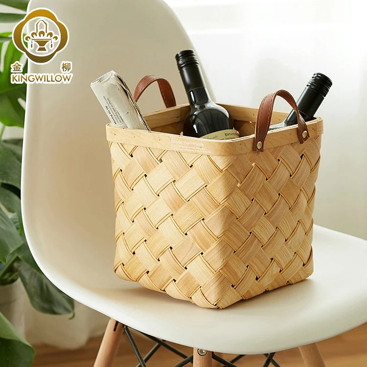 Square woodchip woven storage basket rattan square storage basket with leather handle for sundrises