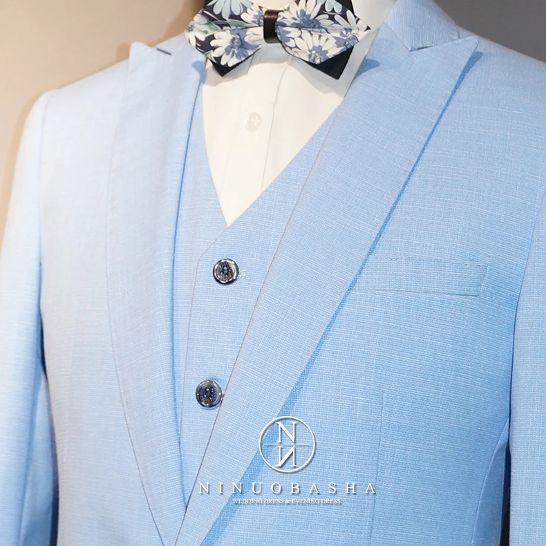 NWM130 Light Blue Color Slim Fit Men Suits 3 Pieces Suits Classic Design Bridegroom Suits
