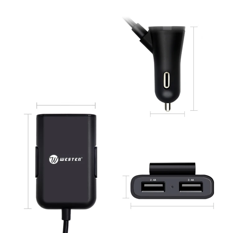 
mobile phone use 4 port 9.6A front and back seat car charger with 1.8 meter dual hub cable for Android/IOS smartphone 