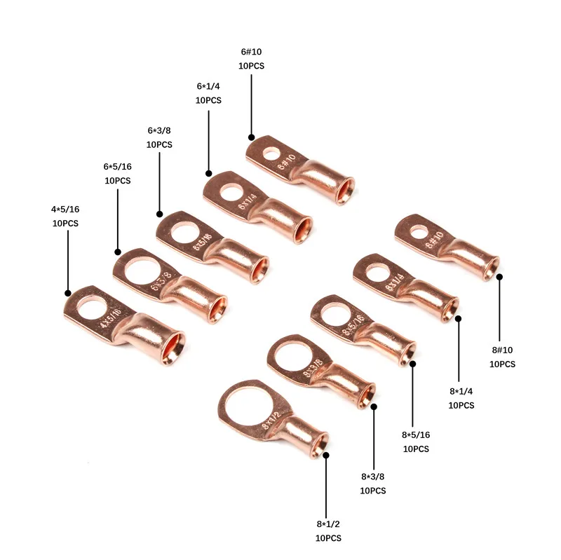 100 шт. болтовое отверстие, медные наконечники для кабеля из луженой меди, набор клемм для аккумулятора, кабельные наконечники с неизолированным кольцом