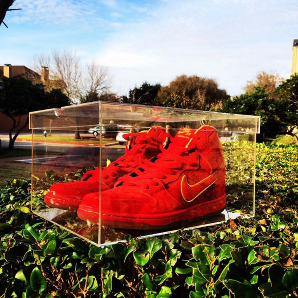 Langel uses custom badges for customization  stackable transparent acrylic storage for Nike shoe boxes