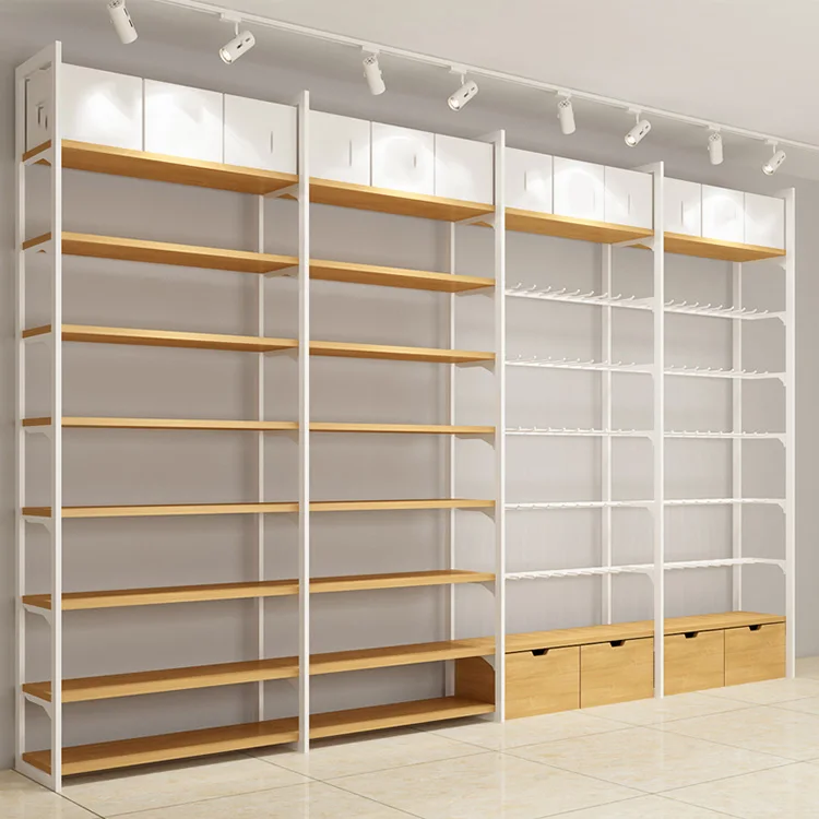 Store Equipment Decorative Customizable Wooden Wall Hanging Shelf Design Models Shelves for Shops with Drawer