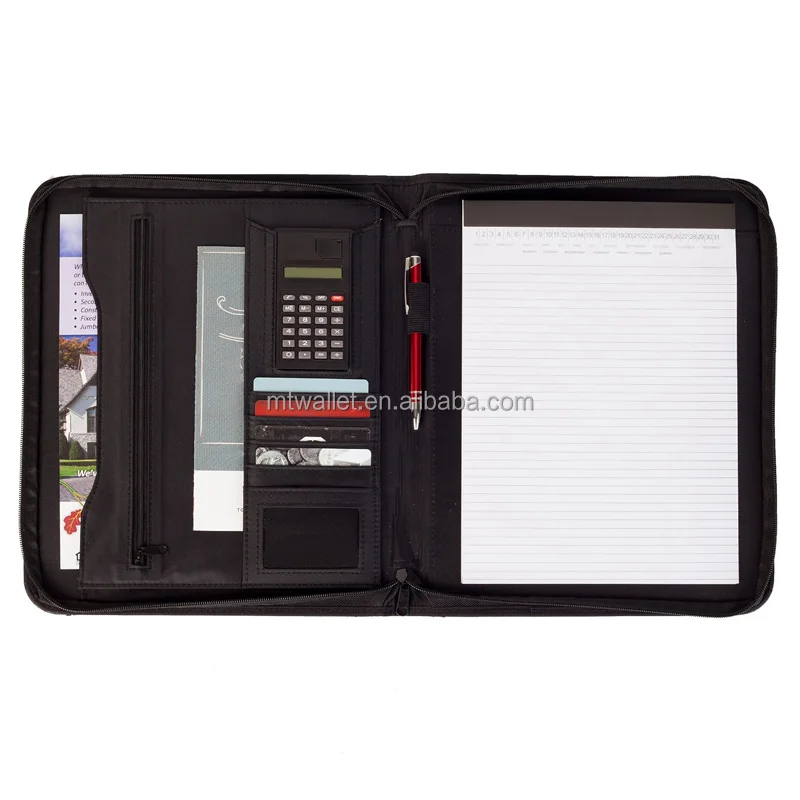 Genuine Leather Zippered Portfolio With A Notepad And Calculator
