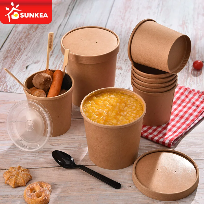 Biodegradable Disposable Kraft Paper Brown Hot Soup Bucket with Lid