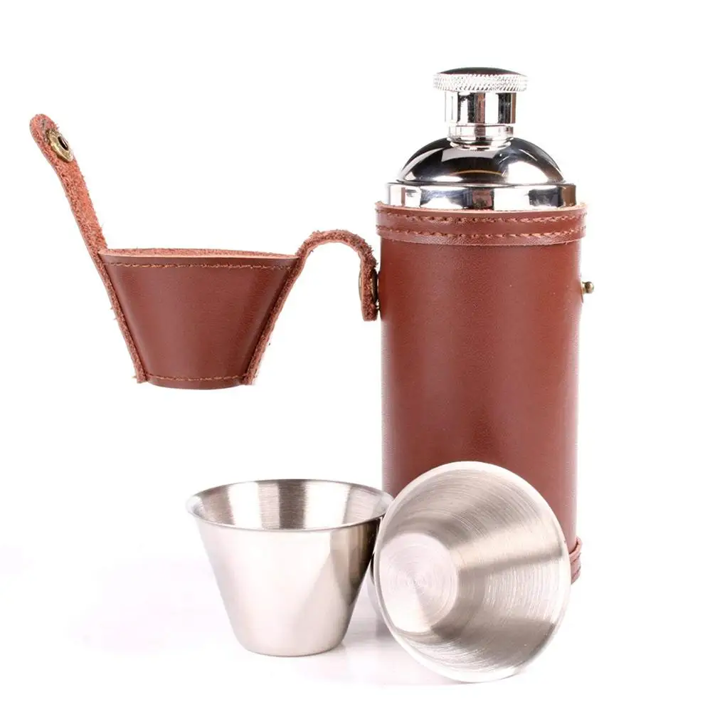 
Stainless Steel 8oz Round Brown Vintage Leather Hip Flask with 2 Concealed Cups in Lid 