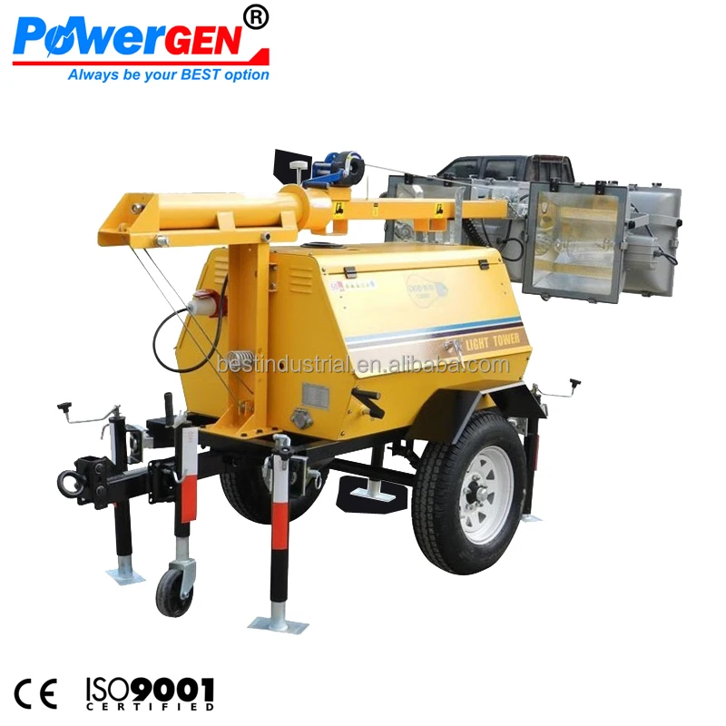 POWERGEN 8m high mast Lighting Tower 4x1000W with Trailer Diesel Generator 5KW for Mining and Construction