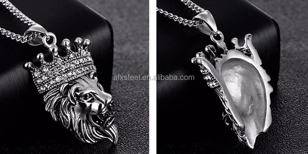 Rock style fashion stainless steel jewelry, Amazon personalized diamond crown lion head pendant necklace