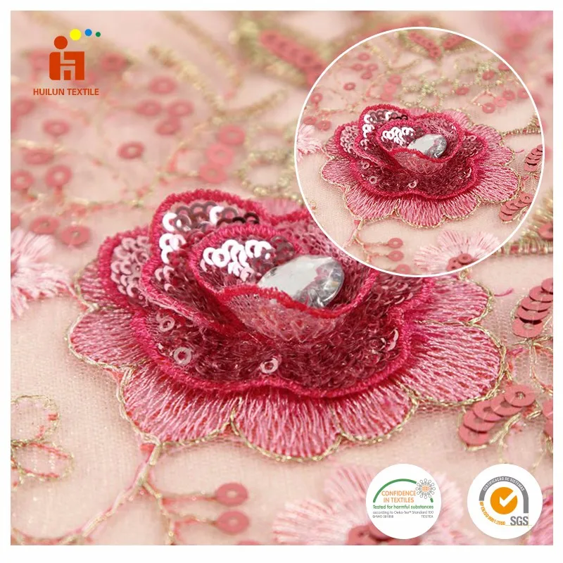 Hot products 2022 polyester mesh pink 3D flower sequin hand beaded embroidery lace