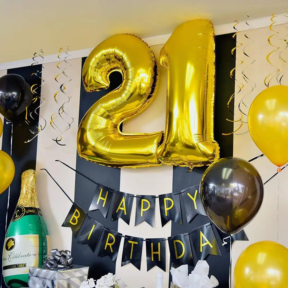 21st Birthday Party Pack Black  Gold Happy Birthday Bunting Poms  21st Birthday Party Supplies