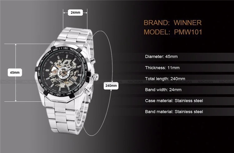 
WINNER 246 sale Fashion Winner Stainless Steel Skeleton Mechanical Watch For Man automatic self winder Wrist Watch 