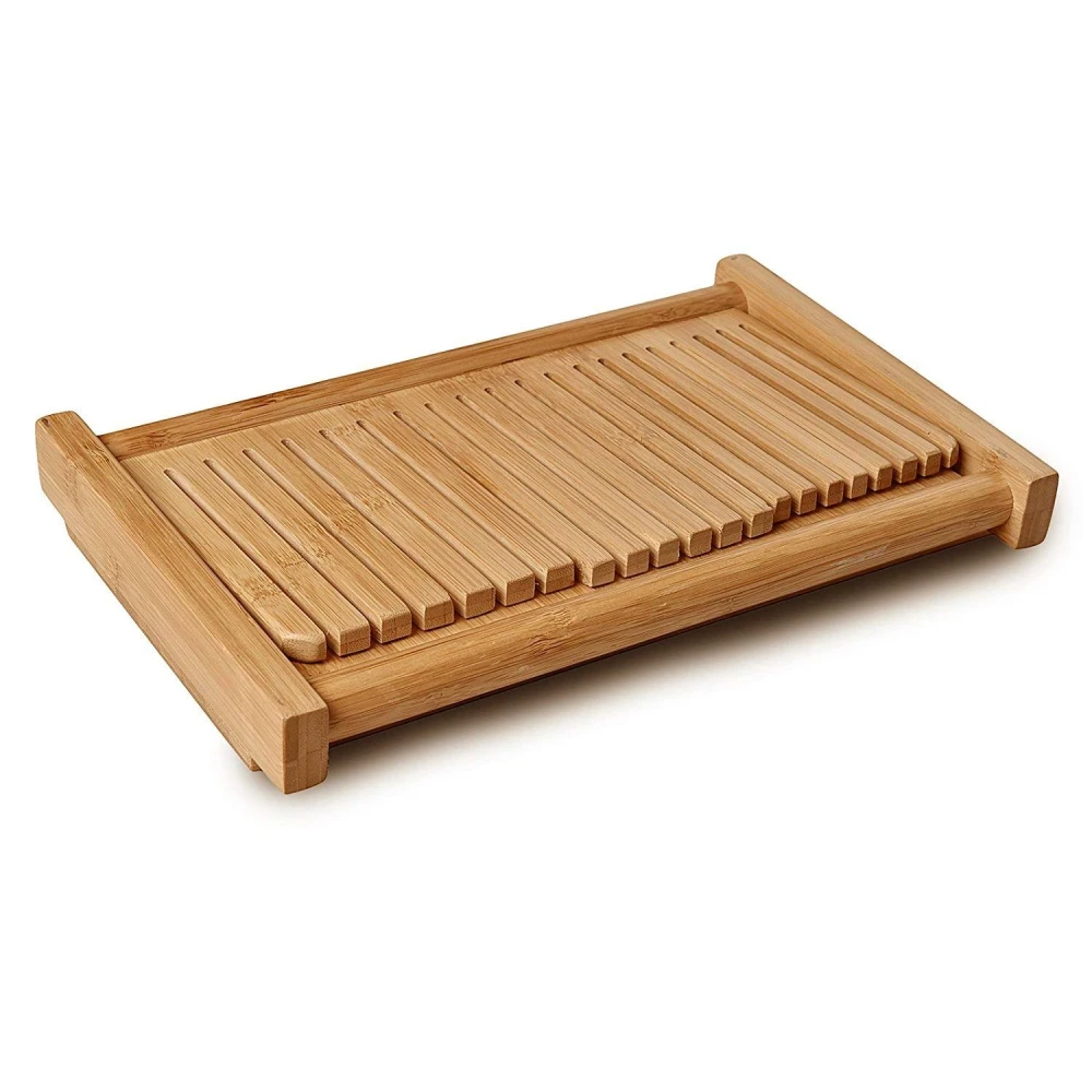 
Bamboo Adjustable Foldable Manual Bread Slicer With Bread Crumb Catcher Tray 