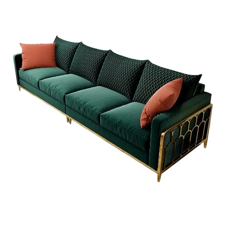 Green Velvet Banquet Chromed Stainless Steel Legs Living Room Luxurious 4 Settee Sofa with Cushion