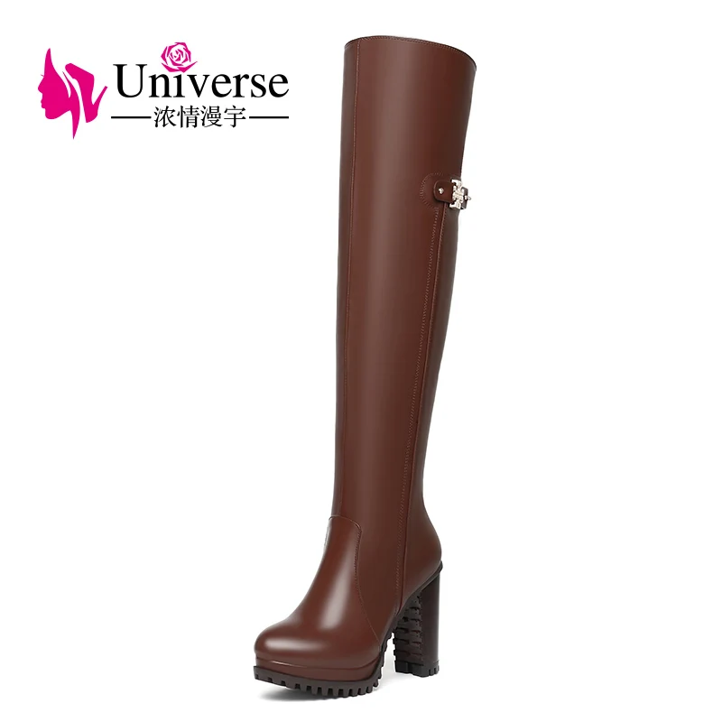 Factory E329 Women Round Toe Platform Shoes Fur Lining High Heel Knee Boots