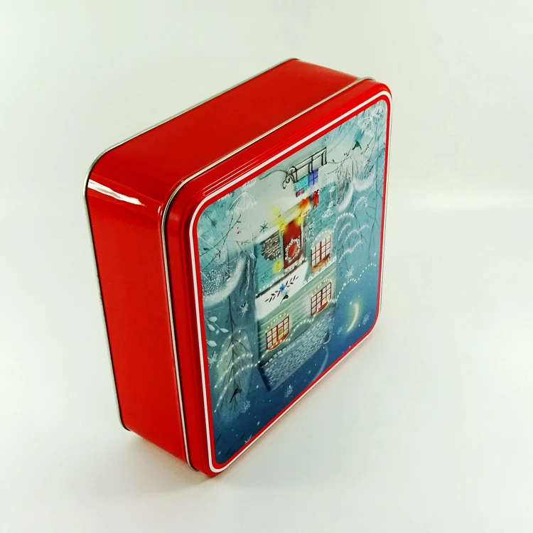 Square Christmas Gift Tin Cake Box Custom Embossed Tin Box OEM Custom Metal Biscuit Can Square Shape Big Metal Tin Container
