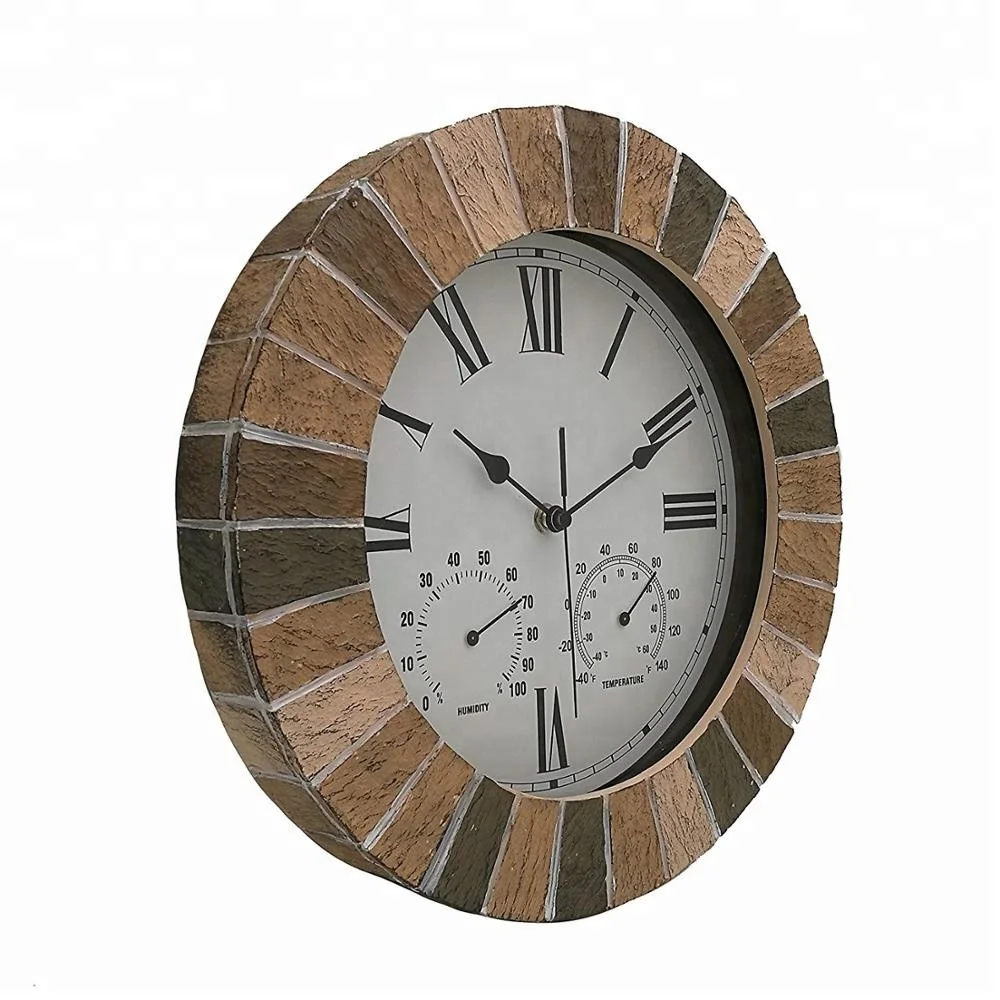 14 inch Faux Stone Outdoor garden Wall Clock with thermometer and HYGROMETER