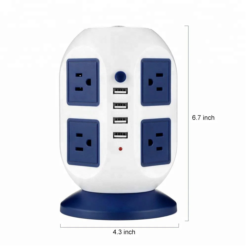 Power Strip Surge Protector, Strip Tower 8 Outlets 4USB Ports (2 X 2.1A),3 Power Switch with 6.5 Feet Extension Cord