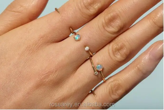 USA Popular Micro pave Brilliant Diamond Double Tinny Two Stone Thin Open Fire Opal Stackable Steel Ring