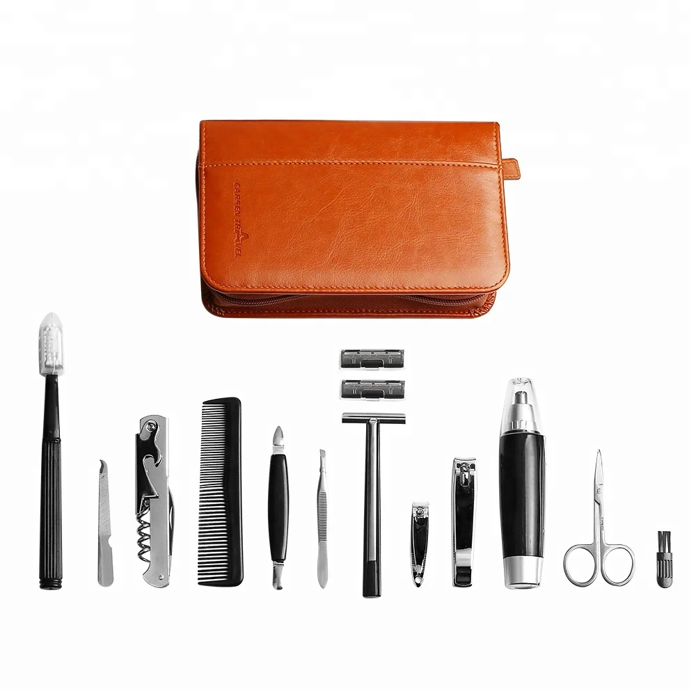 
2018 Best design leather pouch 14 in 1 man beard kit beard grooming kit 