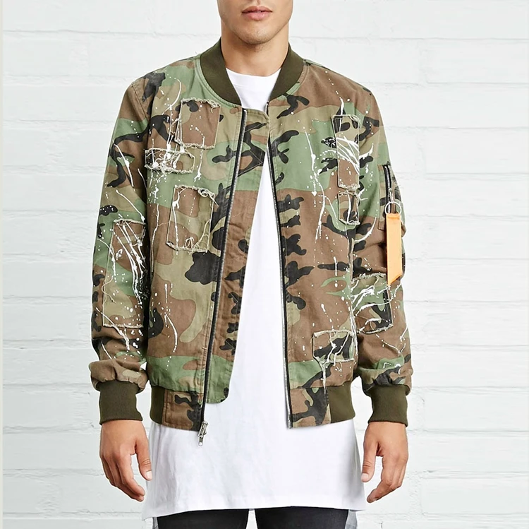 Custom high quality twill camo mens clothing canvas bomber jacket with rib collar