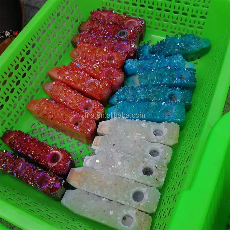 
Hot Sale Carved Decorative Rainbow Aura Quartz Crystal Cluster Crystal Smoking Pipes 