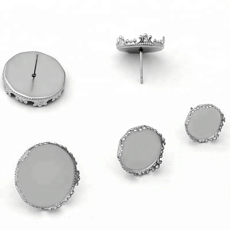 12 15 20 mm Blank Stainless Steel Stud Earrings Bases Settings with Round Crown Bezel tray CabochonEarrings post DIY Findings