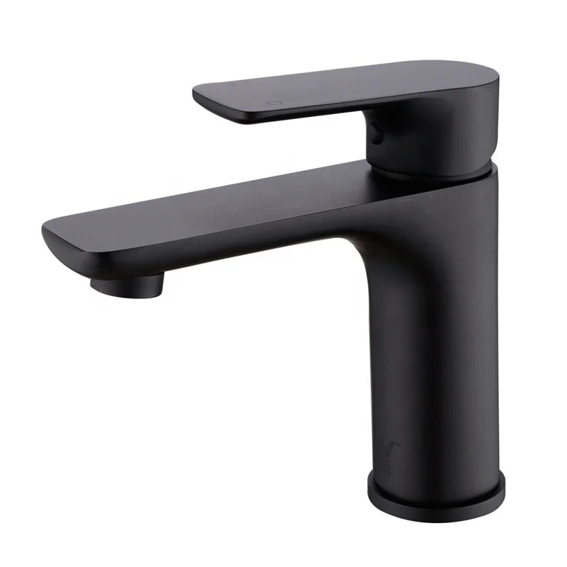 Black Solid Brass Bathroom Single Hot & Cold Water Mixer Deck Mounted Sink Tap Handle Stainless Steel Square Basin Faucet