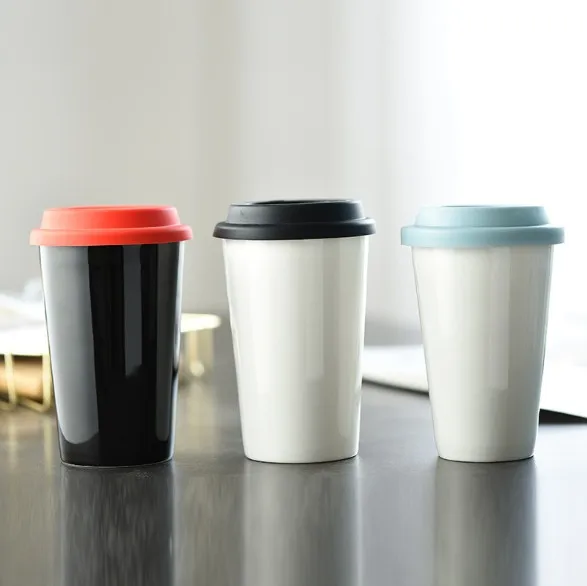 Ceramic Double Wall Insulated Travel Coffee Cup with Splash-proof Slider Lid