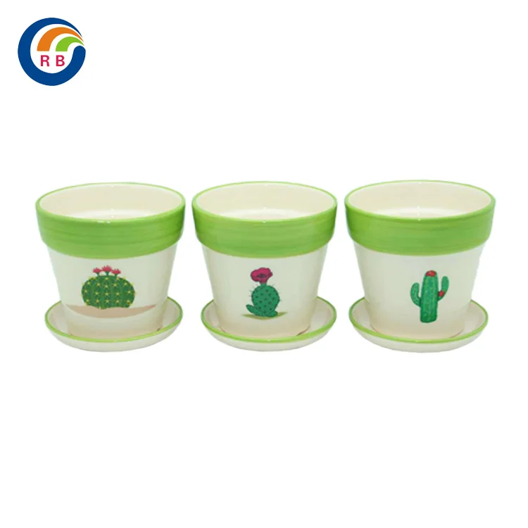 Small Green Tropical Themed Ceramic Flower Planters with saucer for Succulents and Cactus Set of 3