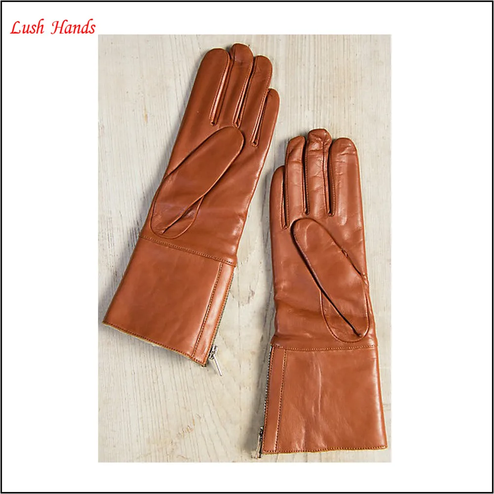
Ladies brown long soft nappa leather gloves with zipper for winter 