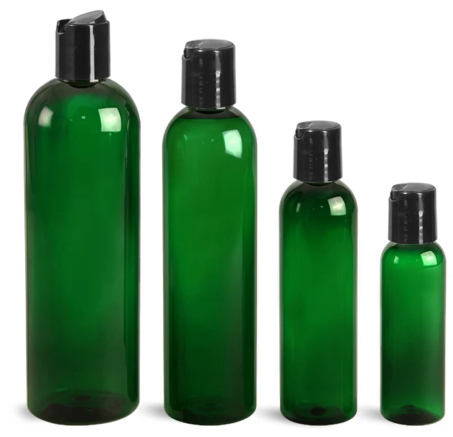 Plastic Bottles, Green PET Cosmo Rounds with Smooth Black Disc Top Caps,250ml plastic lotion bottle