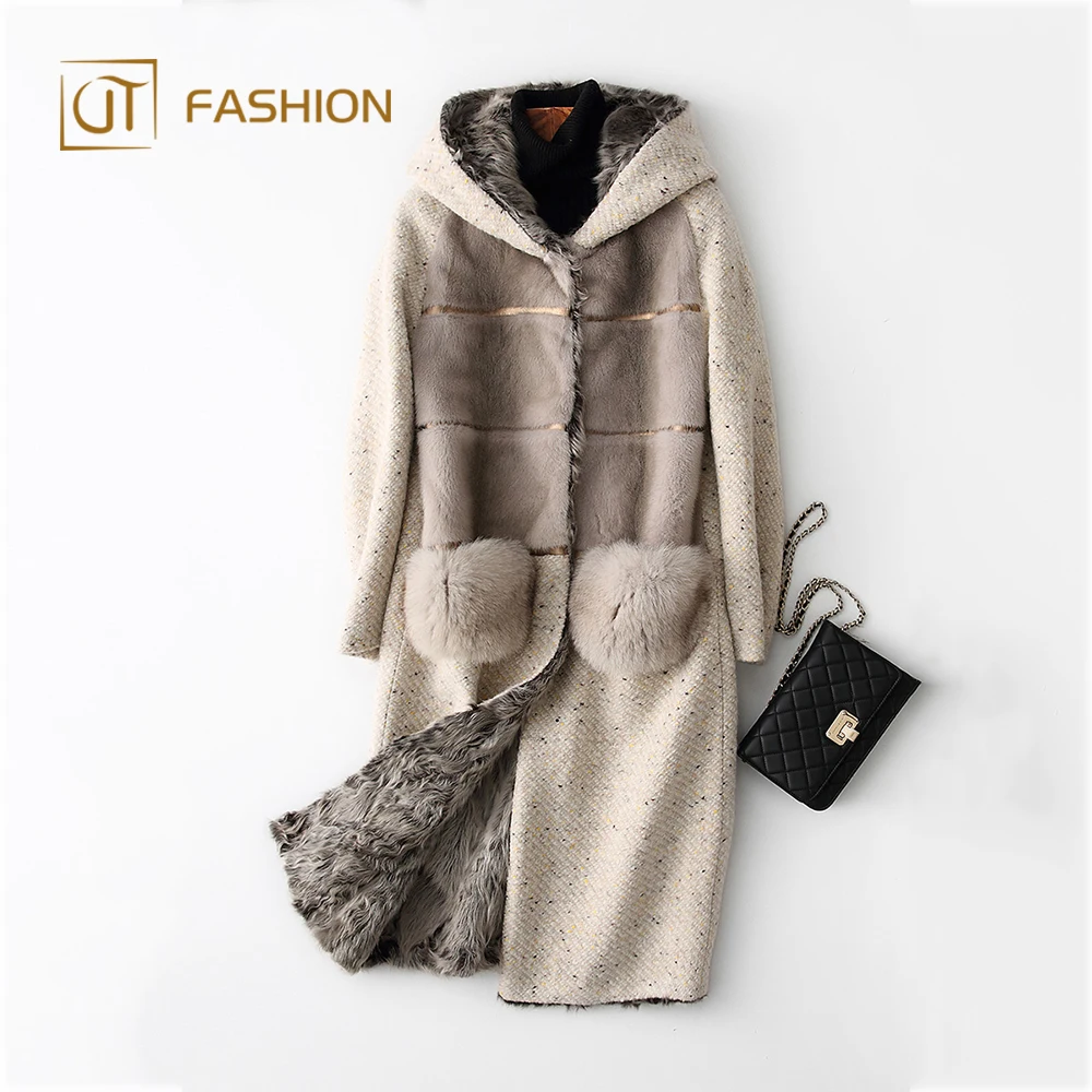 Top quality jtfur wholesale women silk fabric fox fur pocket coat lamb fur shearling noble long parka