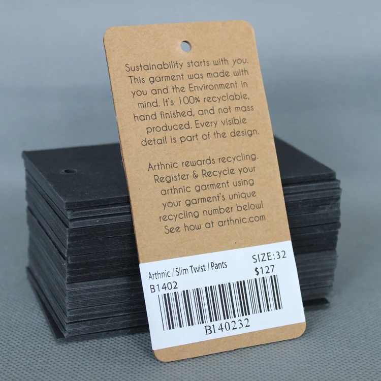 Printing black pricing hang tag with barcode custom design clothing hang tag labels for jeans recyclable