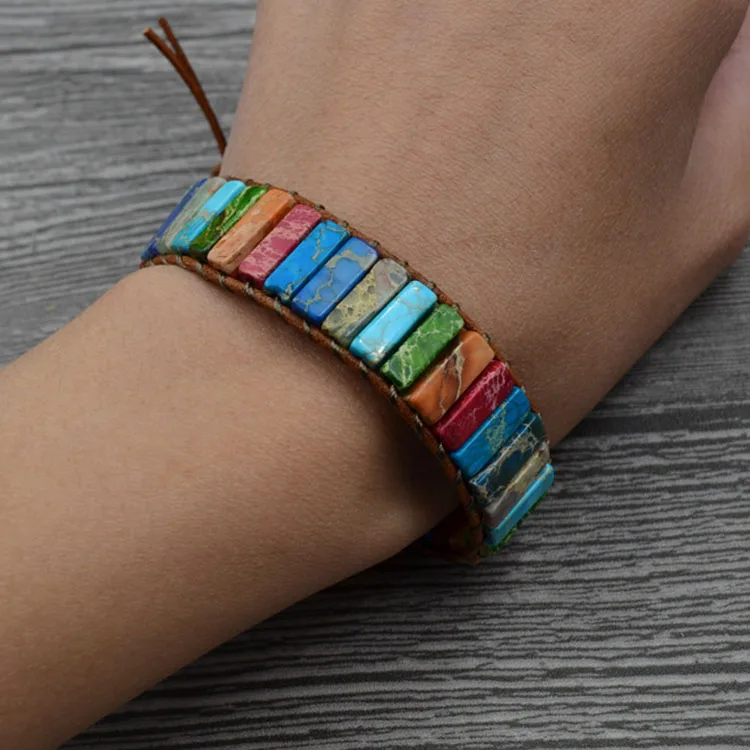 Chakra Multi Color Natural Stone Tube Beads Leather Handmade Bracelet