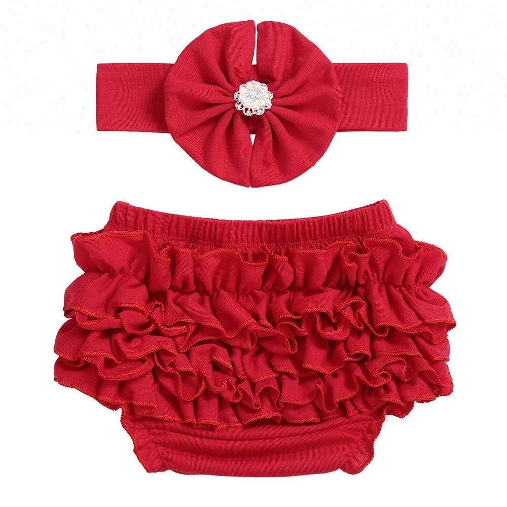 Multiple colors for choice wholesale soft cotton baby ruffle bloomers with headband