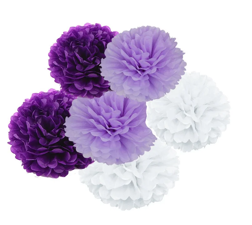 Decorative Hanging Flower Balls DIY Paper Pom Poms For Wedding Baby Shower Birthday Party Decorations (White Purple Dark Purple)