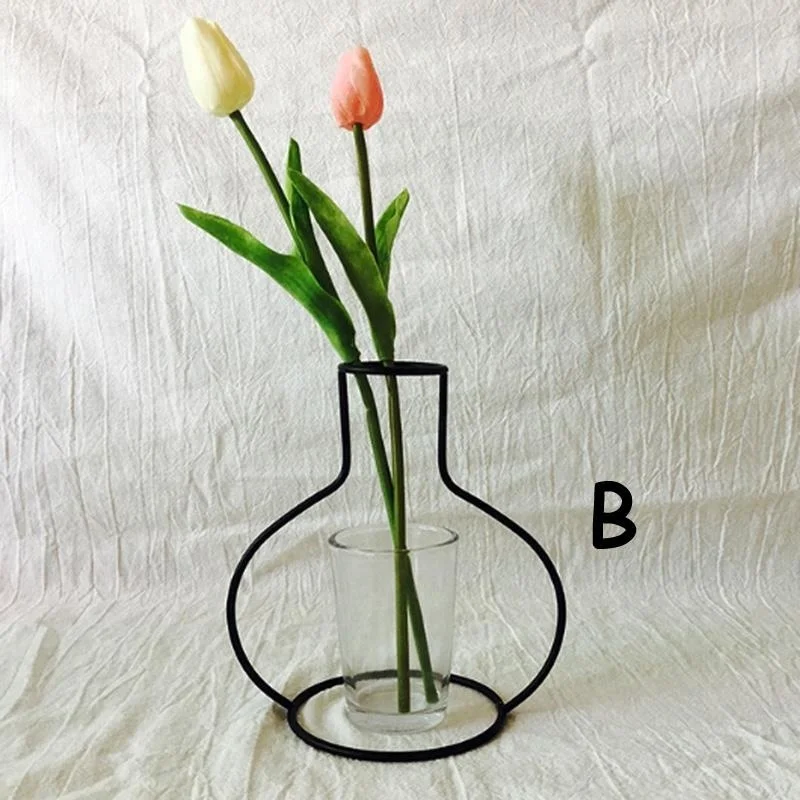 Оптовая продажа, черная железная проволока, металлическая ваза для цветов OXGIFT, без стеклянной чашки