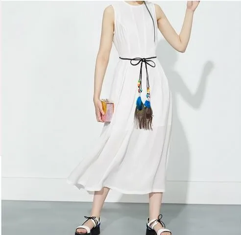 WIIPU Black Nubuck Leather Braided BOHO Belt Headband Wrap Beaded Feather Accessorie