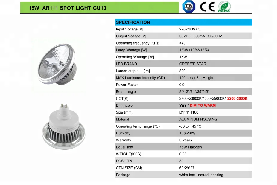 Dimmable LED AR111 QR111 ES111 15w GU10 spotlight