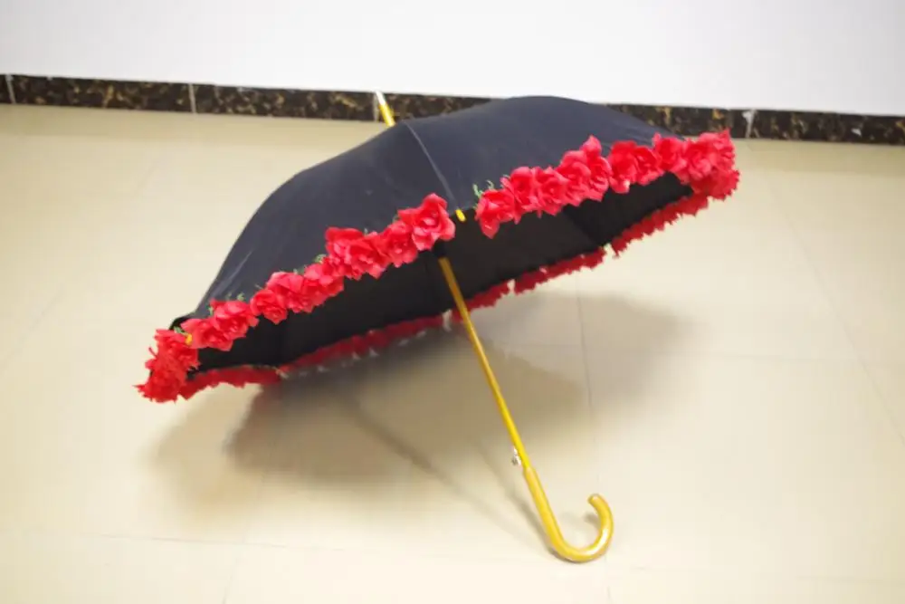 Red Rose Flowers Edge Straight Wooden Umbrella For Woman