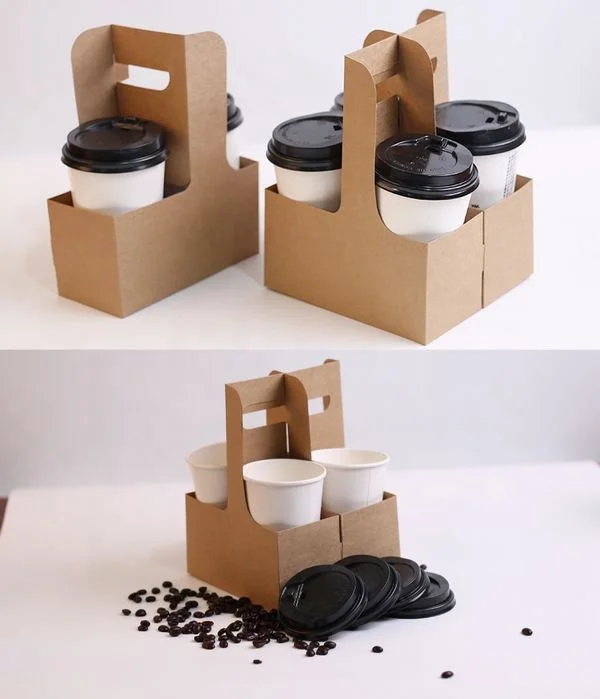 Kraft disposable paper cup holder, carriers for 2 cups and 4 cups
