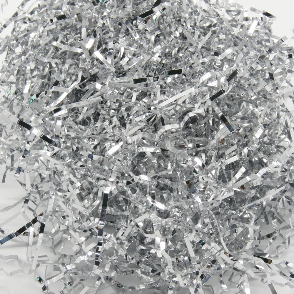 iridescent mirror foil mylar silver color crinkle strip small pieces shredded paper stuffing material metallic shred