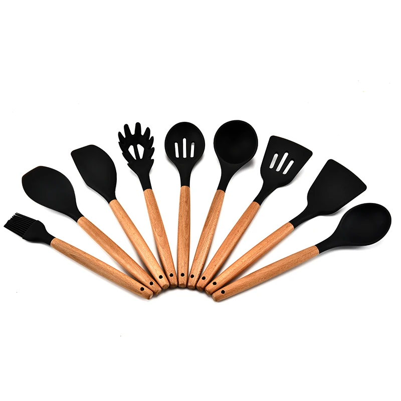 
9 Pcs Wholesale Kitchen Accessory Hot Sales Heat-resistant 9 Pieces Silicone and Wooden Handle Kitchen Utensil Set 