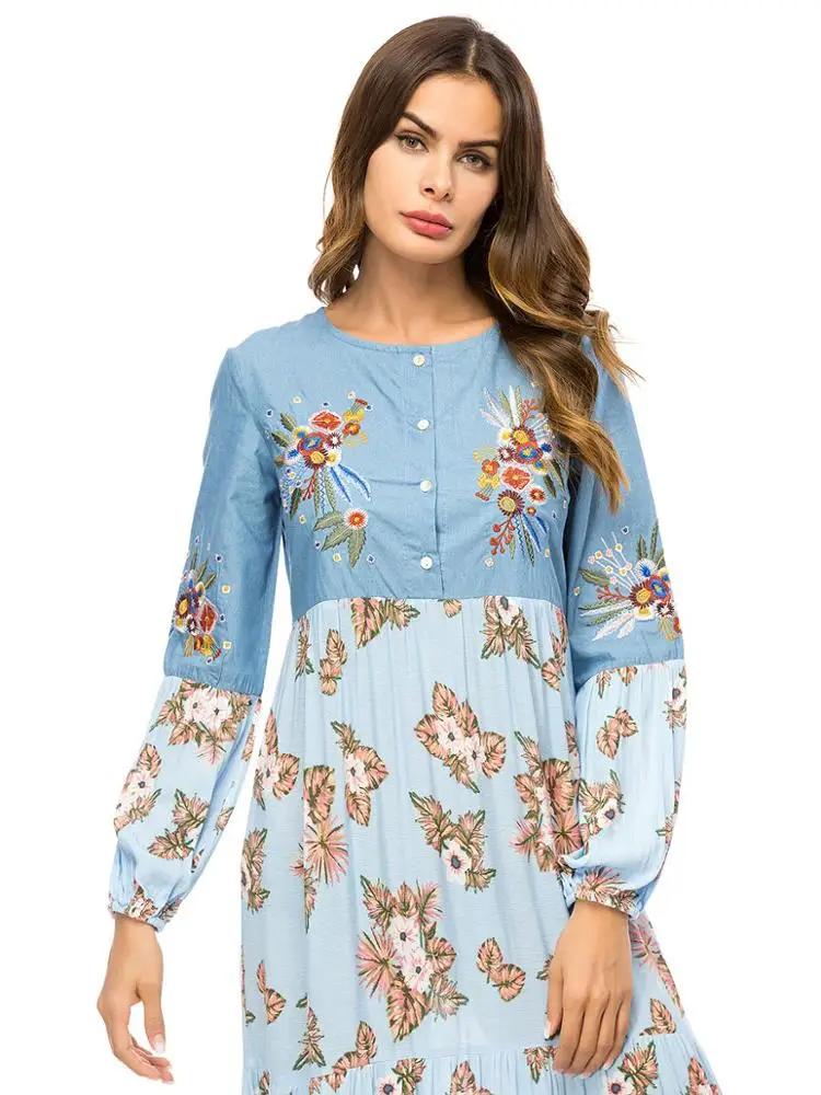 A4267 Elegant Ethnic Floral Long Dress Fashion Contrast Color Block Patchwork Maxi Dresses long Sleeve Muslim Arab Clothes