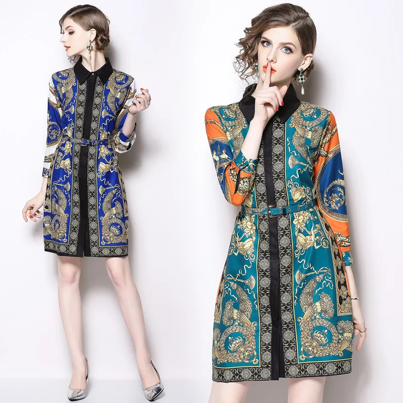 
European and American Women Fashion Brand New Pattern Print Belt Waist Knee Length Shirt Dress Two Colors 