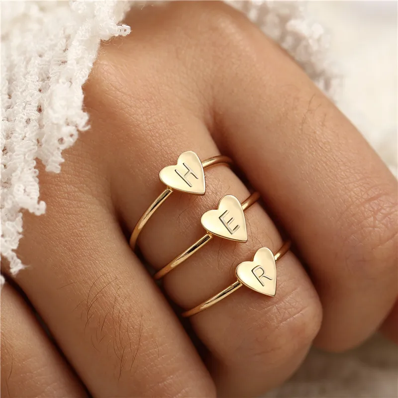 
Simple Hand Stamped Stacking Monogram Ring Initial Heart Drop Engraved Letter Gold Color Ring Gift for Women Jewelry 