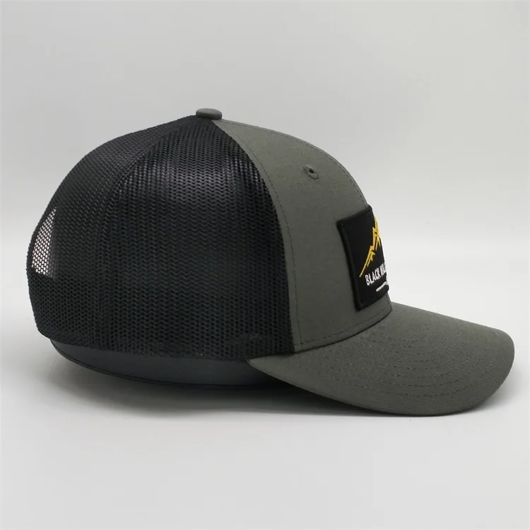 Wholesale Oem Customised Logo High Quality 6 Panel Blank Mesh Snap Back Grey 112 Trucker Caps Hat With Embroidery Patch