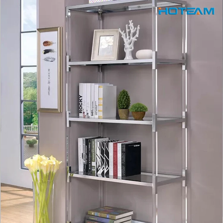 Современный и современный прозрачный акриловый и золотой книжный шкаф с 5 полками