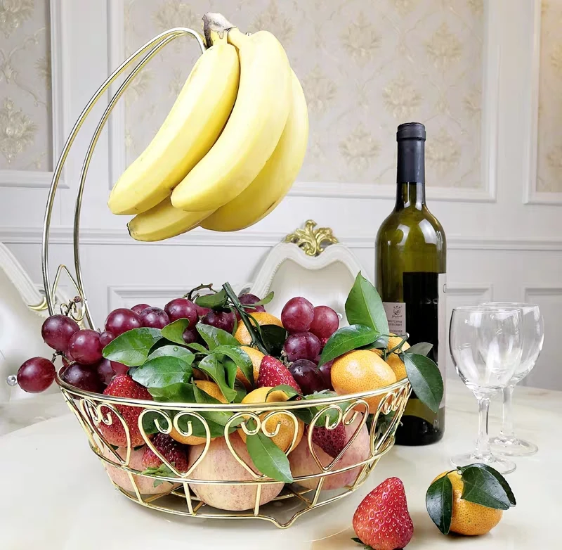 Gold Fruit Basket Bowl with Banana Tree Hanger Fruit Basket Drainer Rack Storage Fruit Basket