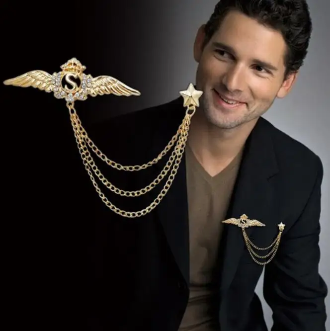 wholesale New Alloy Silver England Tassels Chain Brooch For Men Suit Brooches Pins Fashion Jewelry